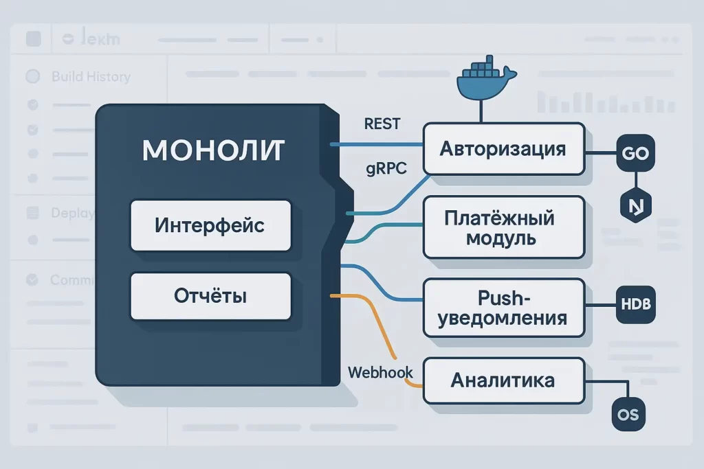 Гибридная архитектура: из монолита с модулями «Интерфейс» и «Отчёты» выходят микросервисы «Авторизация», «Платёжный модуль», «Push-уведомления», «Аналитика», соединённые через REST, gRPC и Webhook; все надписи на русском.