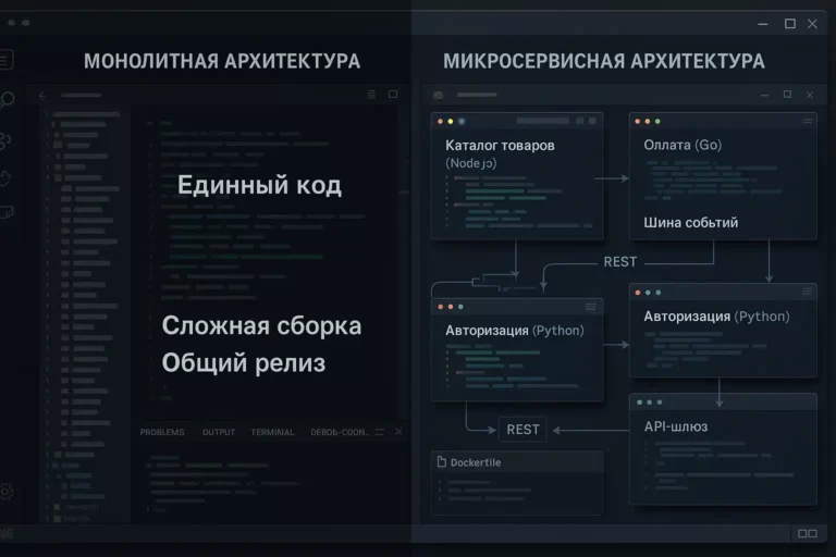 Разделённый экран: слева монолитная архитектура с подписью «Единый код», справа — микросервисы с подписями «Каталог товаров», «Оплата», «Авторизация», «API-шлюз», все надписи на русском.