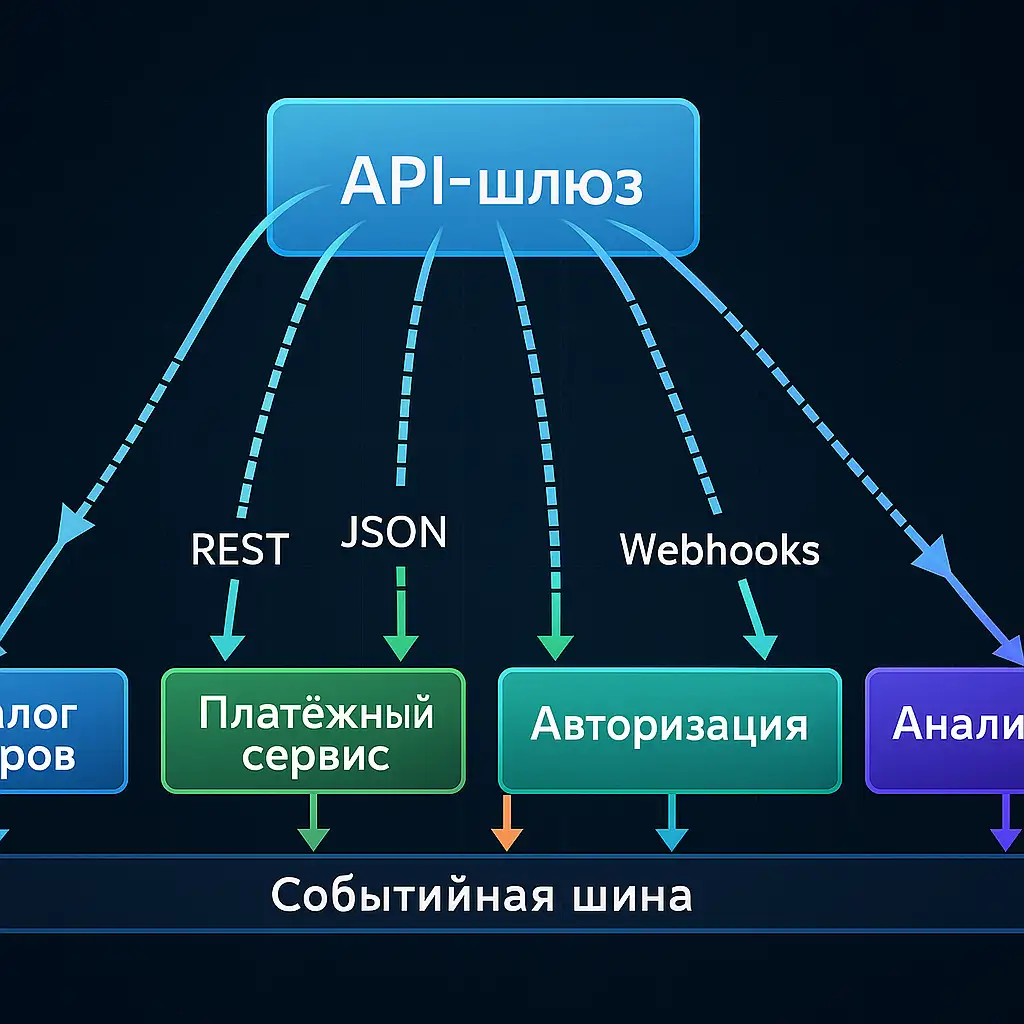 Схема микросервисной архитектуры: от API-шлюза исходят стрелки к каждому сервису — «Каталог товаров», «Платёжный сервис», «Авторизация», «Аналитика» — через REST, JSON и Webhooks, все подключены к событийной шине.