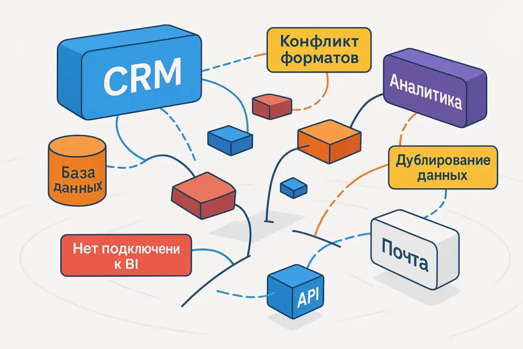 Иллюстрация разрозненной IT-инфраструктуры: несвязанные модули CRM, База данных, API, Почта, Аналитика с подписями на русском и сообщениями об ошибках.
