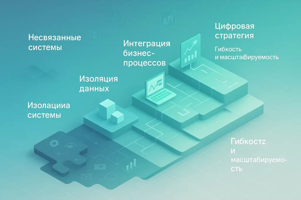 Изометрическая визуализация цифрового ландшафта: от «Изоляции систем» и «Несвязанных данных» к «Интеграции бизнес-процессов» и «Цифровой стратегии» с подписями на русском.