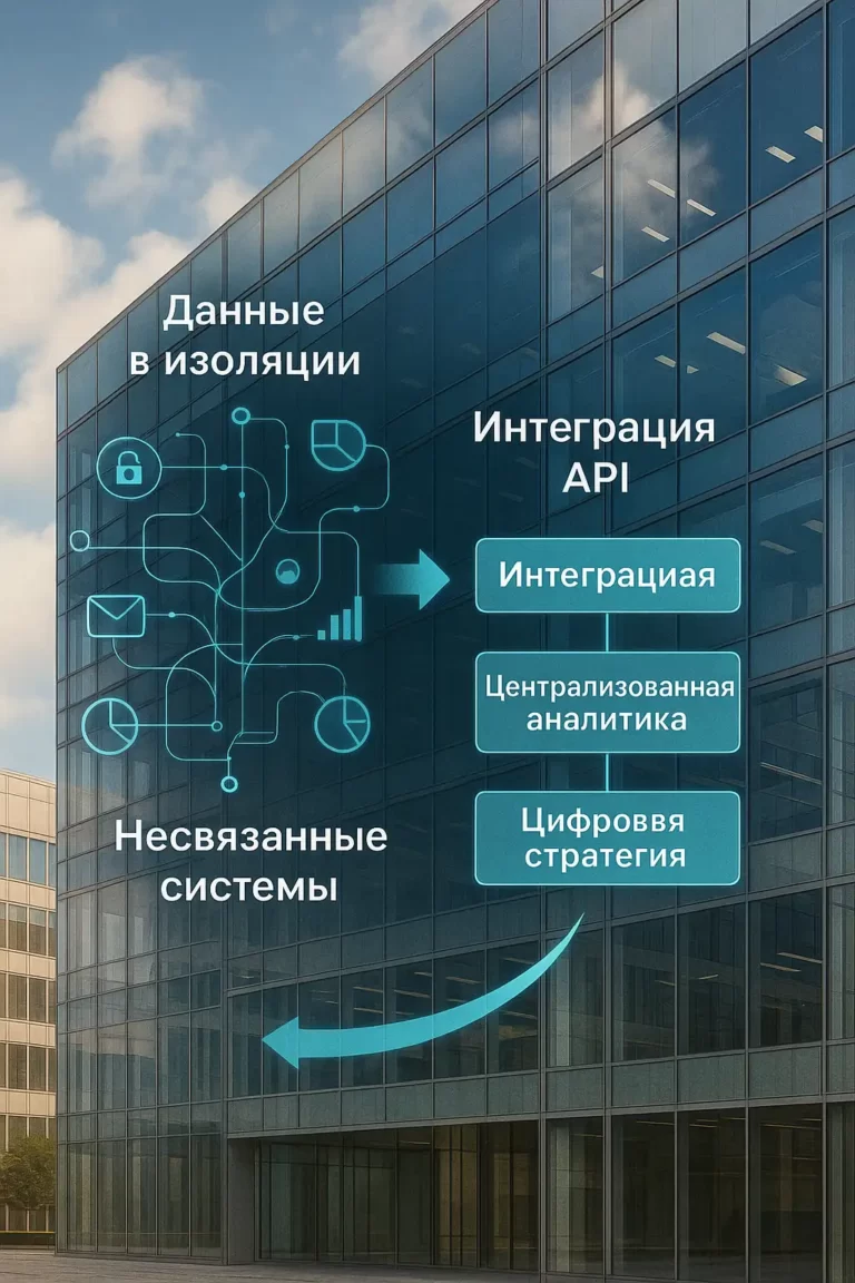 Современное офисное здание с CGI-наложением: переход от «Несвязанных систем» и «Данных в изоляции» к «Интеграции API», «Централизованной аналитике» и «Цифровой стратегии».