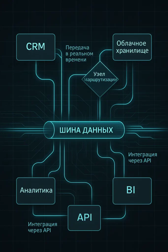 Техническая диаграмма: цифровая шина данных с подключёнными CRM, ERP, BI, API и облачным хранилищем, с подписями на русском языке и подсвеченными потоками.