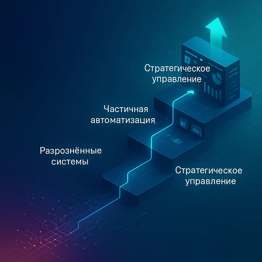 Изометрическая визуализация цифрового потока: от «Разрознённых систем» через «Частичную автоматизацию» к «Стратегическому управлению», с подсветкой маршрута и подписями на русском.